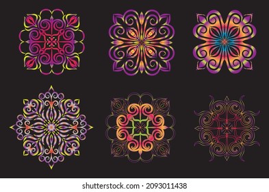Runde Gradientenmandala auf schwarzem Hintergrund. Vektorhipster mandala in den Farben Grün, Rot, Blau, Violett und Rosa. Mandala mit Blumenmustern. Yoga-Vorlage.