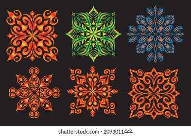 Set of round gradient mandala on black background. Vector hipster mandala in green, red, blue, violet and pink colors. Mandala with floral patterns. Yoga template.