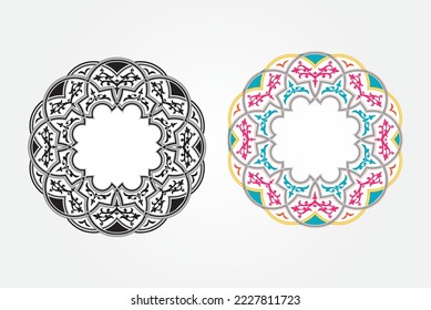 Set of round gradient mandala on white isolated background. Vector hipster mandala in green, red, blue, violet and pink colors. Mandala with floral patterns. Yoga template.Vector hand drawn doodle man