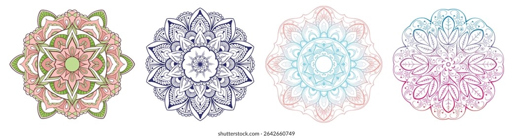 Set of Round gradient mandala vector. Traditional oriental ornament with a concentric gradient. Vector element for applying to objects for yoga, meditation, spiritual practices. Decorative ornament in