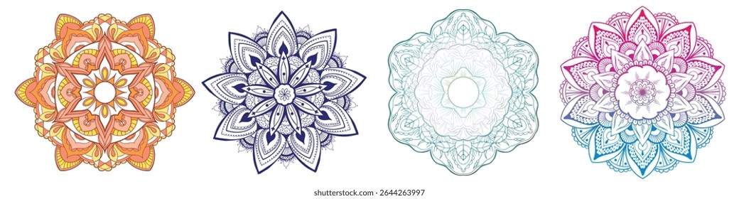 Set of Round gradient mandala vector. Traditional oriental ornament with a concentric gradient. Vector element for applying to objects for yoga, meditation, spiritual practices. Decorative ornament in