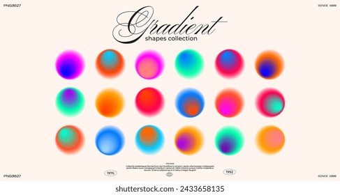 Set of round gradients. Vector set of liquid circles,abstract bright sphere. Positive aura energy with blurry circles. Vector collection of shapes in y2k style