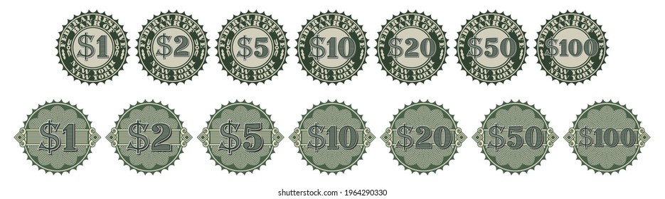 A set of round gray-green seals or price tags with guilloche grid. Economic stickers in denominations of 1 to 100 dollars, New York State. White background