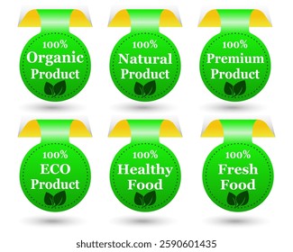 set of round green icons of natural organic eco products