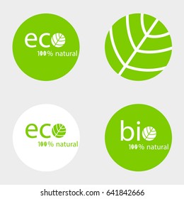 A set of round green labels with eco and bio inscriptions Natural logo vector design set.