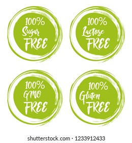 Set of round green labels with text - lactose free, sugar free, gluten free, gmo free.