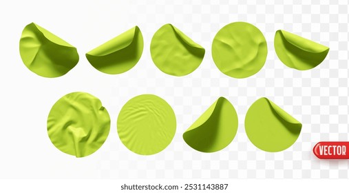 Set of round green paper stickers. Realistic design round sticker label template isolated background. Collection mockup price tag sale. Vector illustration