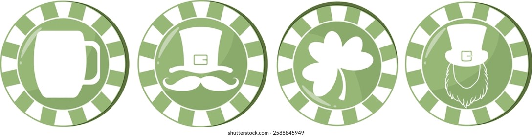 set of round green poker chips with various prints for St. Patrick's Day, for various designs and posters