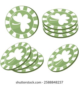 set of round green poker chips with a shamrock print for St. Patrick's Day, for a variety of designs and posters