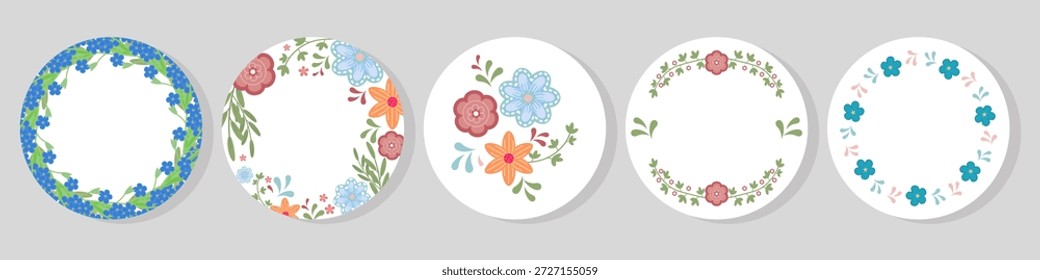 Conjunto de cartões de saudação redondos Enfeites florais decorativos e espaço de cópia vazio no centro para texto. Adequado para saudações, tags, rótulos, convites, branding, vários projetos de design criativo.