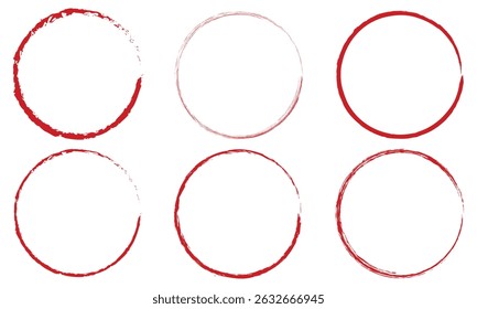 Conjunto de círculos redondos grunge Vector de trazo de pincel. Marco de círculo de Grunge. Círculo de Grunge dibujado con pinceladas. Un círculo rojo dibujado en tinta. 
