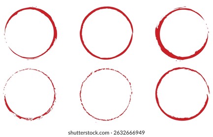 Conjunto de círculos redondos grunge pincelam vetor de traçado. Moldura do círculo do Grunge. Círculo grunge desenhado com traços de pincel. Um círculo vermelho desenhado a tinta. 