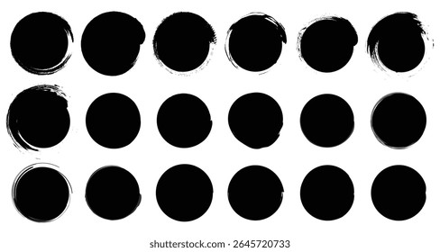 Set of round grunge circles shapes on a white background. Grunge round shapes. Grunge banner and paint brush stamps, paint brush stock set