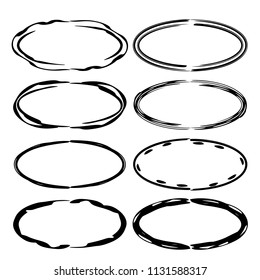 Set of round grunge frames. Empty circlular borders. Ellipse frame. Vector illustration. 