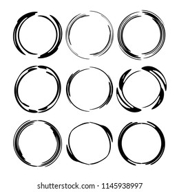 Set of round grunge frames. Empty circlular borders. Ellipse frame collection. Vector illustration. 