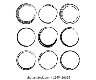 Set of round grunge frames. Empty circlular borders. Ellipse frame collection. Vector illustration. 