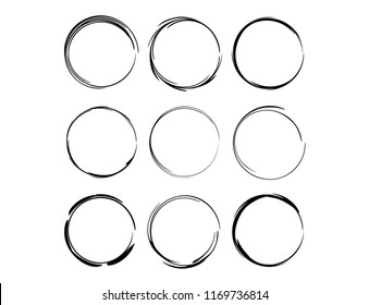 Set of round grunge frames. Empty borders isolated on white background. Vector illustration. 