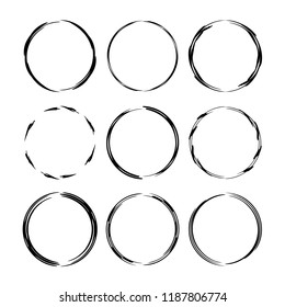 Set of round grunge frames. Empty circlular borders isolated. Vector illustration. 