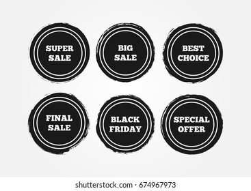 Set of round grunge stickers. Final Big Super Sale, Black Friday, Special Offer, Best Choice. Vector illustration.