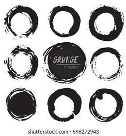 Set of round grunge vector shapes. Abstract hand painted circle frames. Retro backgrounds. Design elements.
