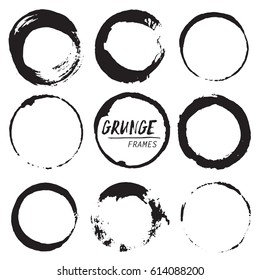 Set of round grunge vector shapes. Abstract hand painted circle frames. Retro backgrounds. Design elements