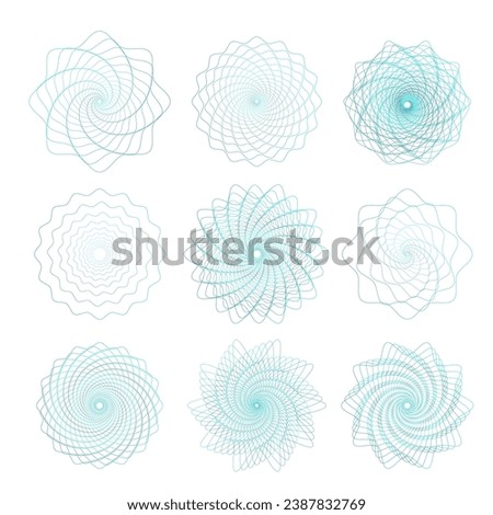 Set of round guilloche lines ornaments. Abstract vector circle rosette elements. Vector illustrations Useful for banknote, diploma, certificate, note, currency, voucher or money design