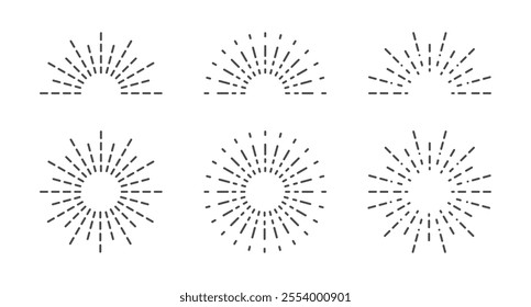Set of round, half sunburst, line sun rays icons