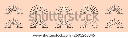 Set of round half sunburst, line sun rays, sunrise and sunset symbols with radiating rays, perfect for creating logos, decorative frames icons