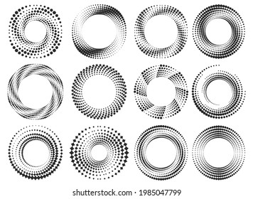 Set of round halftone frames. Circle dotted form. Vector geometric circular shapes.