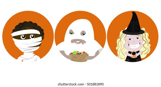 A set of round Halloween icons with the mummy, ghost and the witch on the orange background
