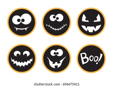 Set of round Halloween tags and labels with creepy faces and Boo! Lettering