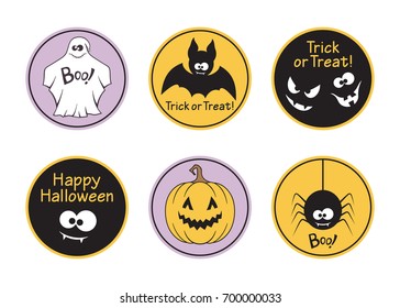 Set of round Halloween tags and labels featuring ghost, bat, spider, pumpkin and spooky faces