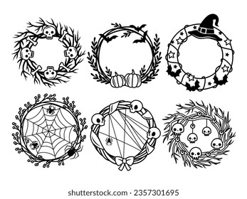 Set of round halloween wreath. Collection of creepy frame with a pumpkin a bat, spider, skull. Scary design. Vector illustration for decorating invitations.