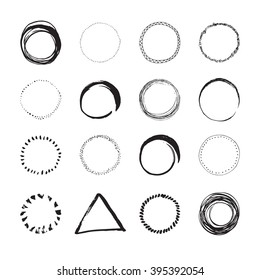 Set of round hand drawn circles and other shapes for logo design. Unique hand sketched shapes for branding identity. Ink brush frames. Vector design.