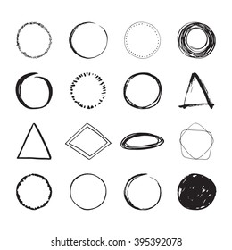 Set of round hand drawn circles and other shapes for logo design. Unique hand sketched shapes for branding identity. Ink brush frames. Vector design.
