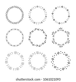 Set of round hand drawn frame. Doodles style. Vector illustration. Decorative isolated elements, border, label for text. Collection of symbols.