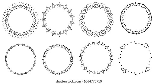 Set of round hand drawn frames of stars, hearts, crown, abstract shapes. Doodles style. Vector illustration. Decorative isolated elements, border, label for text.