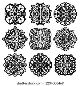 Set of round hand drawn mandala on white isolated background.
