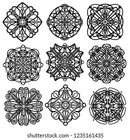 Set of round hand drawn mandala on white isolated background.