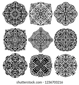 Set of round hand drawn mandala on white isolated background.
