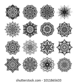 Set of round hand drawn mandalas on white isolated background. Vector hipster mandala in monochrome. Mandalas with floral patterns. 