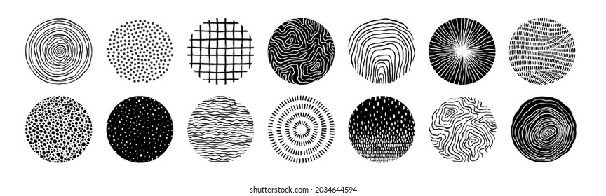 Set of round hand drawn patterns and textures. Trendy vector graphic elements for your unique design.