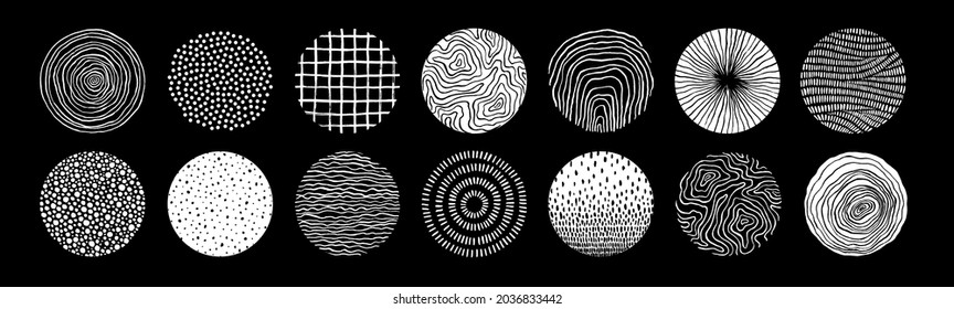 Set of round hand drawn patterns and textures. Trendy vector graphic elements for your unique design.