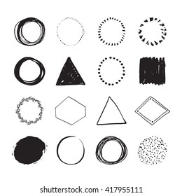 Set of round handdrawn circles and other shapes for logo design. Unique hand sketched shapes for branding identity. Ink brush frames. Vector design.