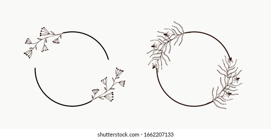 Set of round hand-drawn floral frames. Boho style design elements for wedding invitations, greeting cards, quotes, blogs, posters. Isolated vector illustration.