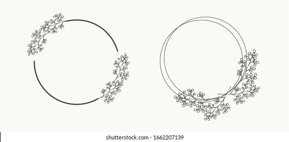 Set of round hand-drawn floral frames. Boho style design elements for wedding invitations, greeting cards, quotes, blogs, posters. Isolated vector illustration.