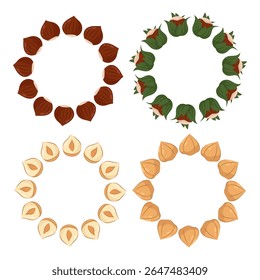 Defina bordas de avelãs para design e decoração. Avelãs descascadas, com casca, com folhas verdes e cortadas. Para embalagens, design de alimentos.