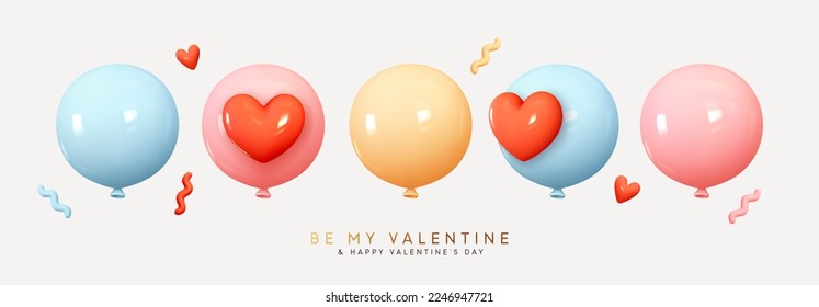 Set of round helium balloons in soft pastel colors. Festive decorative element in realistic 3d design. Decor for Valentine's day, wedding and birthday. vector illustration