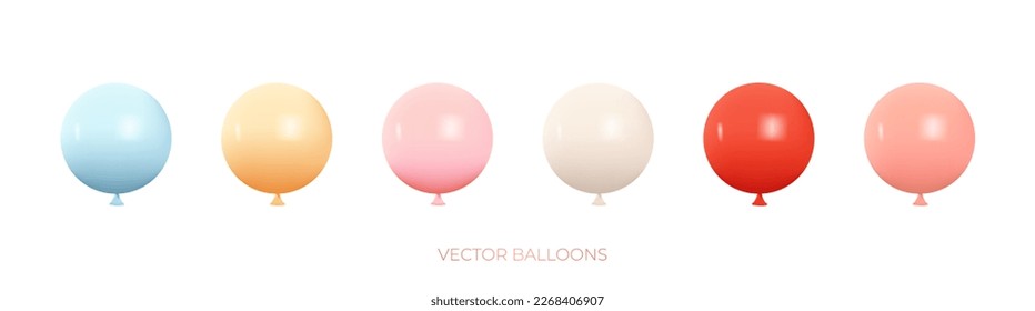 Set of round helium balloons in soft pastel colors. Collection of ballons of round shapes, matte and glossy shades in realistic 3D design. Decor for Valentine's day, weddings, and birthdays. vector.