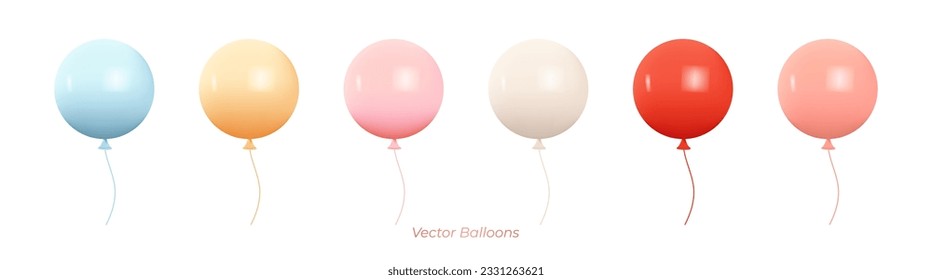 Conjunto de globos redondos de helio en suaves colores pastel. Colección de globos de formas redondeadas, de tonos mate y brillante en un diseño 3D realista. Decoración para el día de San Valentín, bodas y cumpleaños. vector.